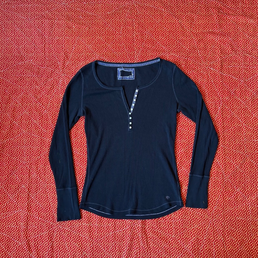 Aeropostale A87 Navy Blue Thermal Waffle Knit Henley Long Sleeve Top Small